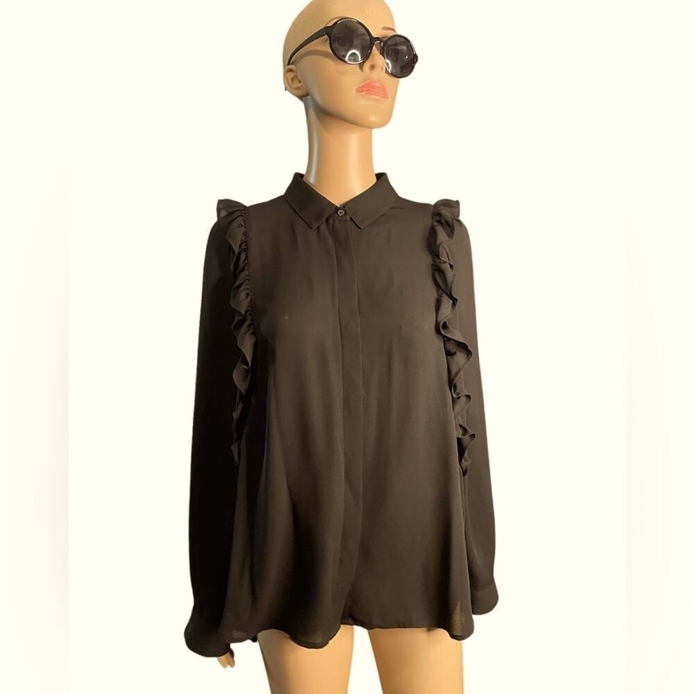 Leith Ruffle BLOUSE Womens M Black Collared Long Sleeve Button Down Lightweight